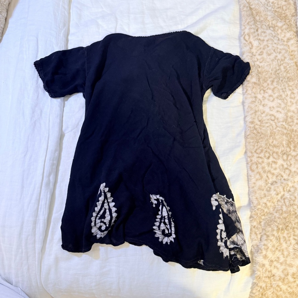 S.R. Fashion Black Boho Paisley Embroidered Batik Lace Up Tunic Top Free Size - Picture 4 of 5